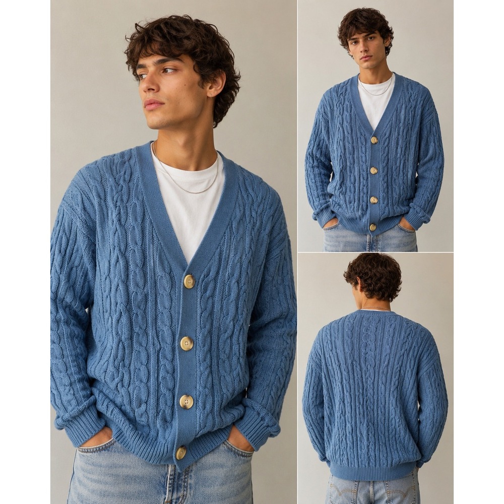 Mens Blue Cable Knit Cardigan Sweater Oversized Wool Blend Lg Grandpacore Preppy